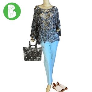 LISA INTERNATIONAL GRAYS AND LIGHT BLUES CROCHET SHEER TUNIC (1X)